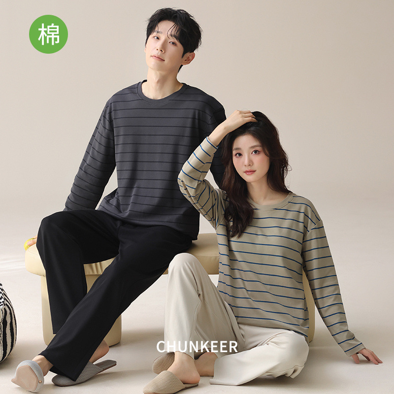 新款纯棉情侣睡衣女秋冬款男士
