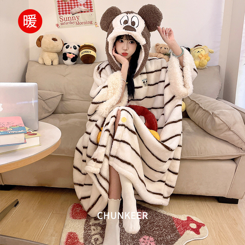 蓄热秋冬睡袍保暖长毛绒可爱开衫