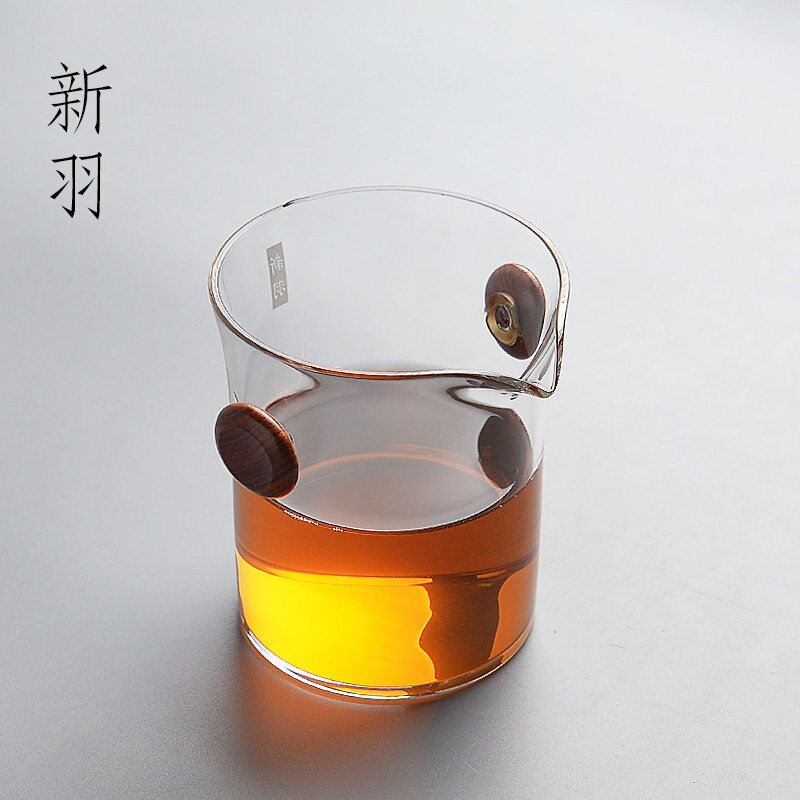 新羽手工 耐高温无铅玻璃公道杯分茶器双耳防烫实木公杯功夫茶具