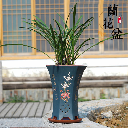 紫砂兰花盆君子兰紫砂花盆带托盘六角花盆陶瓷盆精品刻绘透气花盆