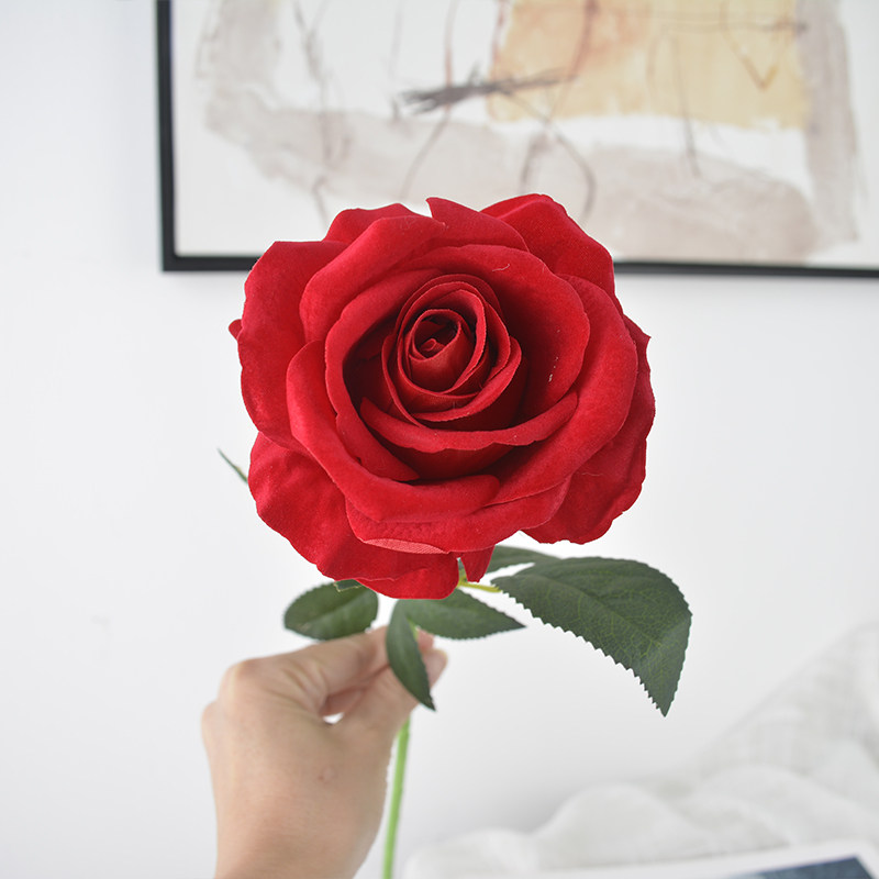 单支仿真玫瑰花塑料防真花摆设客厅餐桌婚庆绒布仿真玫瑰假花花束