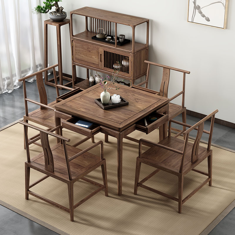 新中式实木方桌餐桌椅组合北美黑胡桃木八仙桌老榆木棋牌四方茶桌