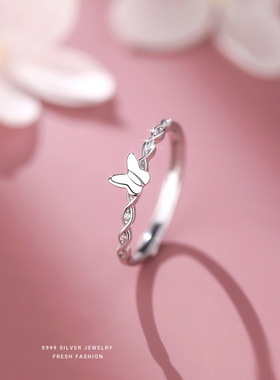 S999纯银简约锆石蝴蝶戒指