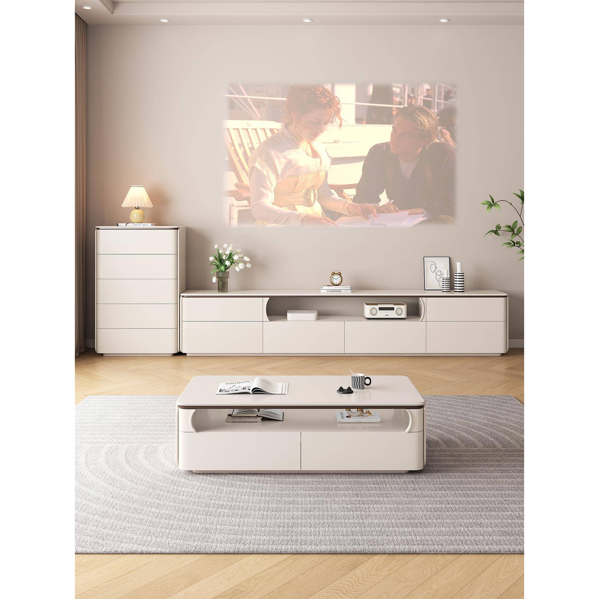 纯实木双层落地电视柜茶几组合奶油现代简约客厅家用小户型储物柜