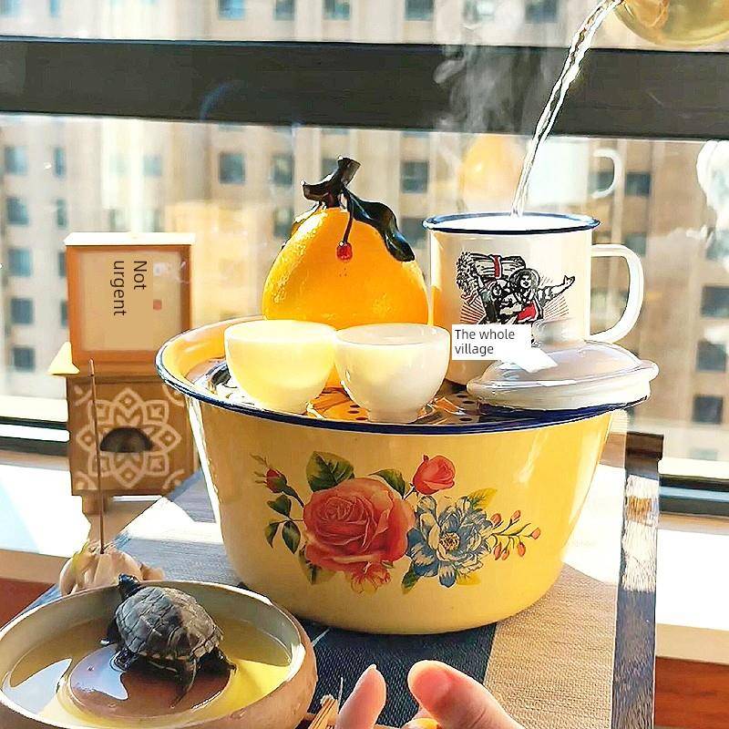 泡茶台茶盘家用老式加厚搪瓷茶缸茶桌废水废茶汤盆元宝盆怀旧老式