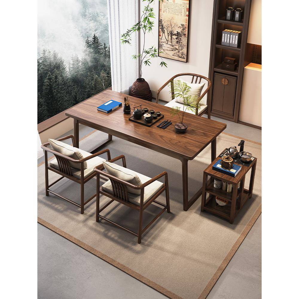胡桃木阳台茶桌小户型家用茶台书桌一体新中式实木泡茶桌椅组合