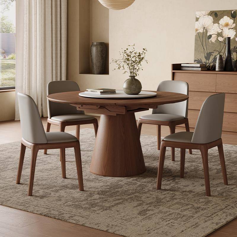 全实木圆形伸缩餐桌家用可折叠方圆两用中古风圆桌带转盘北欧饭桌