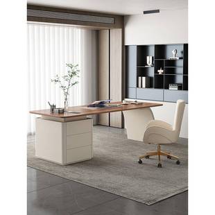 胡桃木色书房实木书桌意式极简转角老板办公桌家用客厅奶油电脑桌