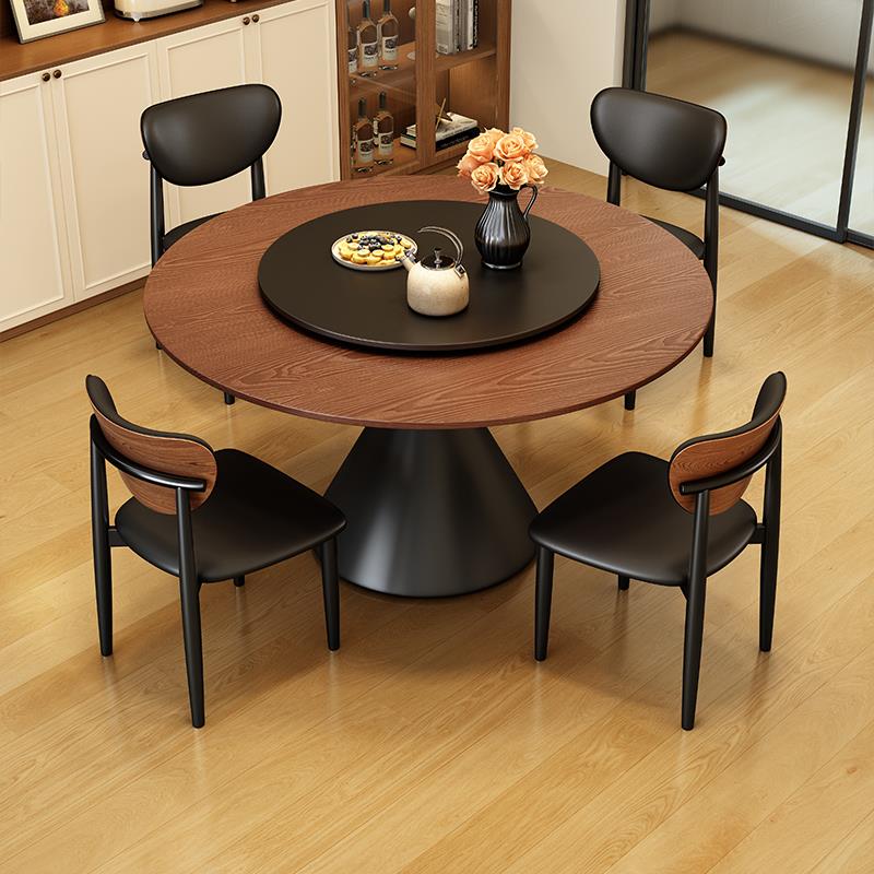 中古风实木餐桌椅组合旋转圆盘客厅家用小户型圆形实木大板饭桌子
