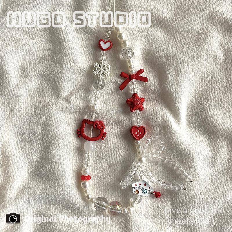 HUGO 红色KT猫蝴蝶结小房子串珠手机链ccd相机包包钥匙手机壳挂绳