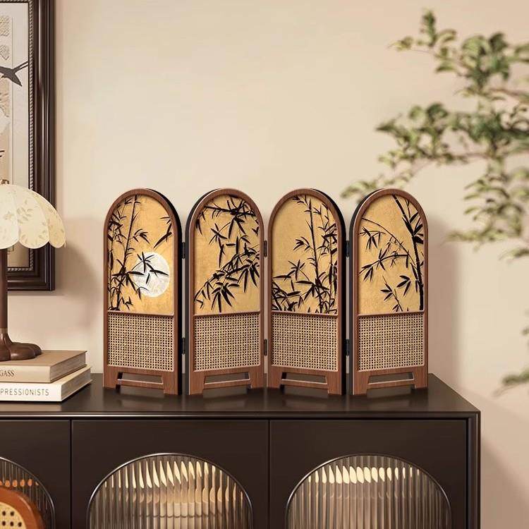 小屏风摆件中古风竹子新款桌面摆台画折叠折屏高级感电视柜装饰画