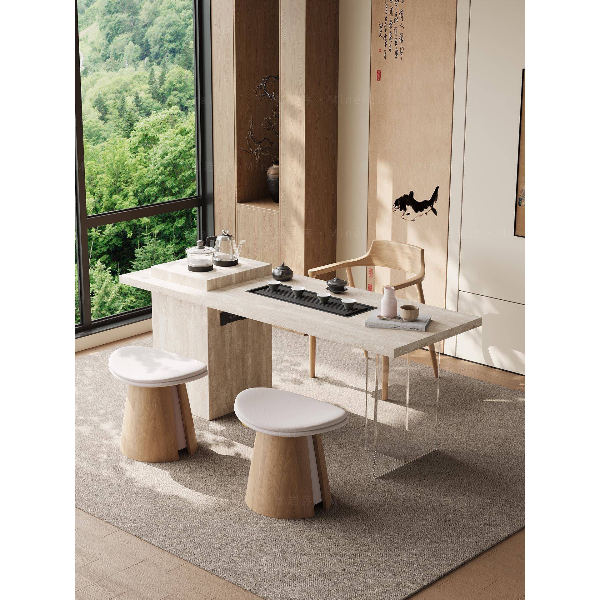 意式茶桌洞石小茶台轻奢极简客厅小型高级感泡茶桌岩板阳台茶桌椅