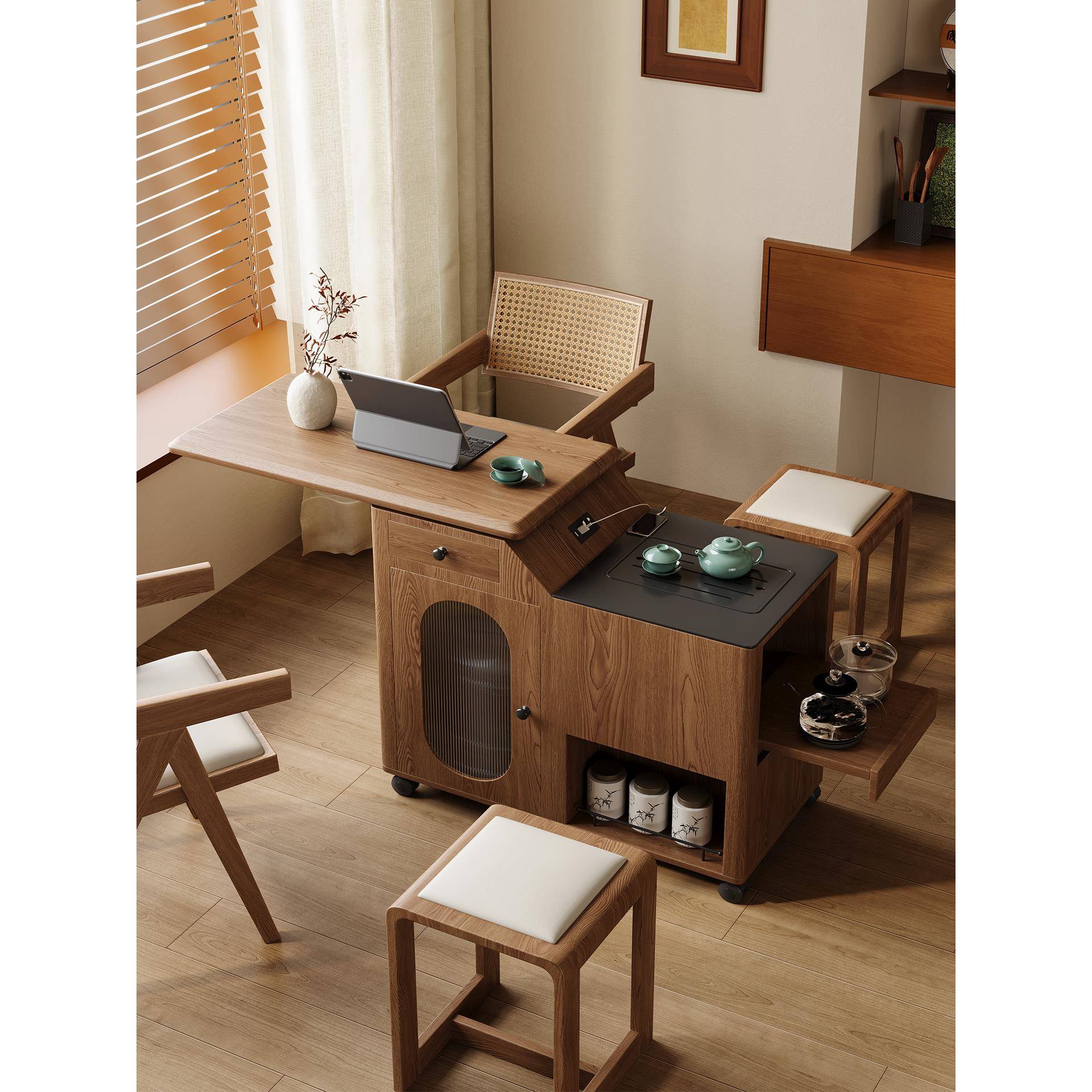 移动茶台小型家用多功能自动上水煮茶实木茶车可旋转伸缩阳台茶桌