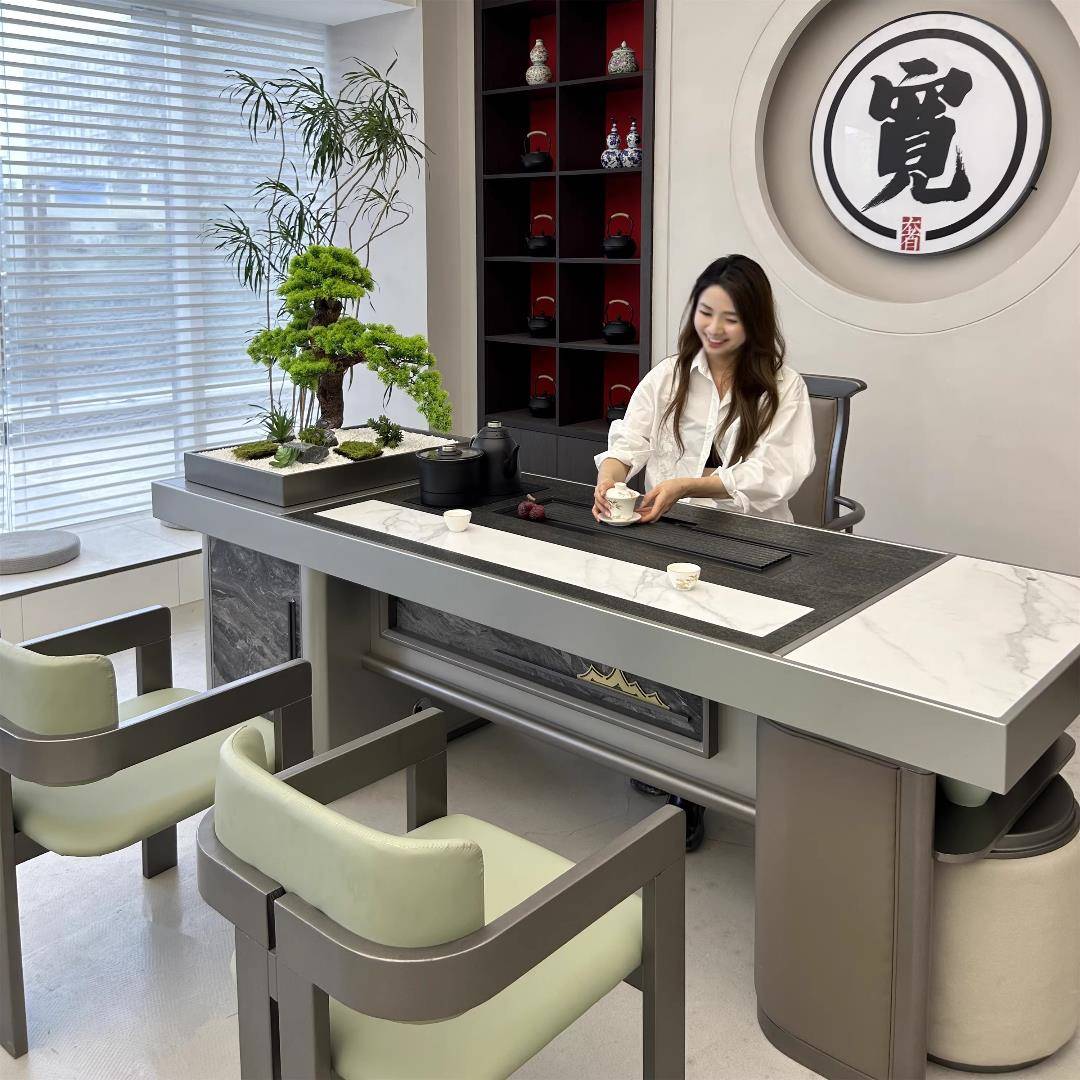 轻奢景观岩板茶桌小型实木现代茶台高级家用简约时尚泡茶桌椅组合