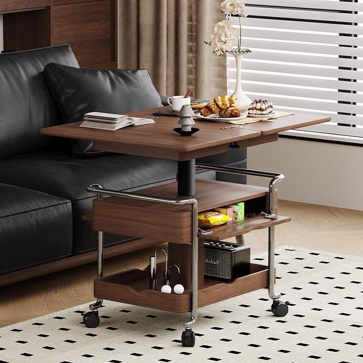 沙发边几客厅实木茶几家用侧边柜中古风可移动旋转折叠小推车茶车
