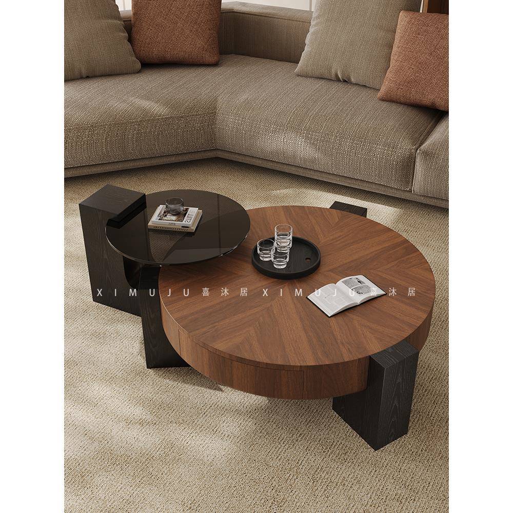 中古风圆形茶几意式极简现代简约小户型客厅家用新款复古实木茶几