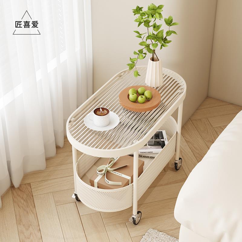 奶油风沙发边几可移动边柜简约现代床头侧边柜茶几钢化玻璃小推车