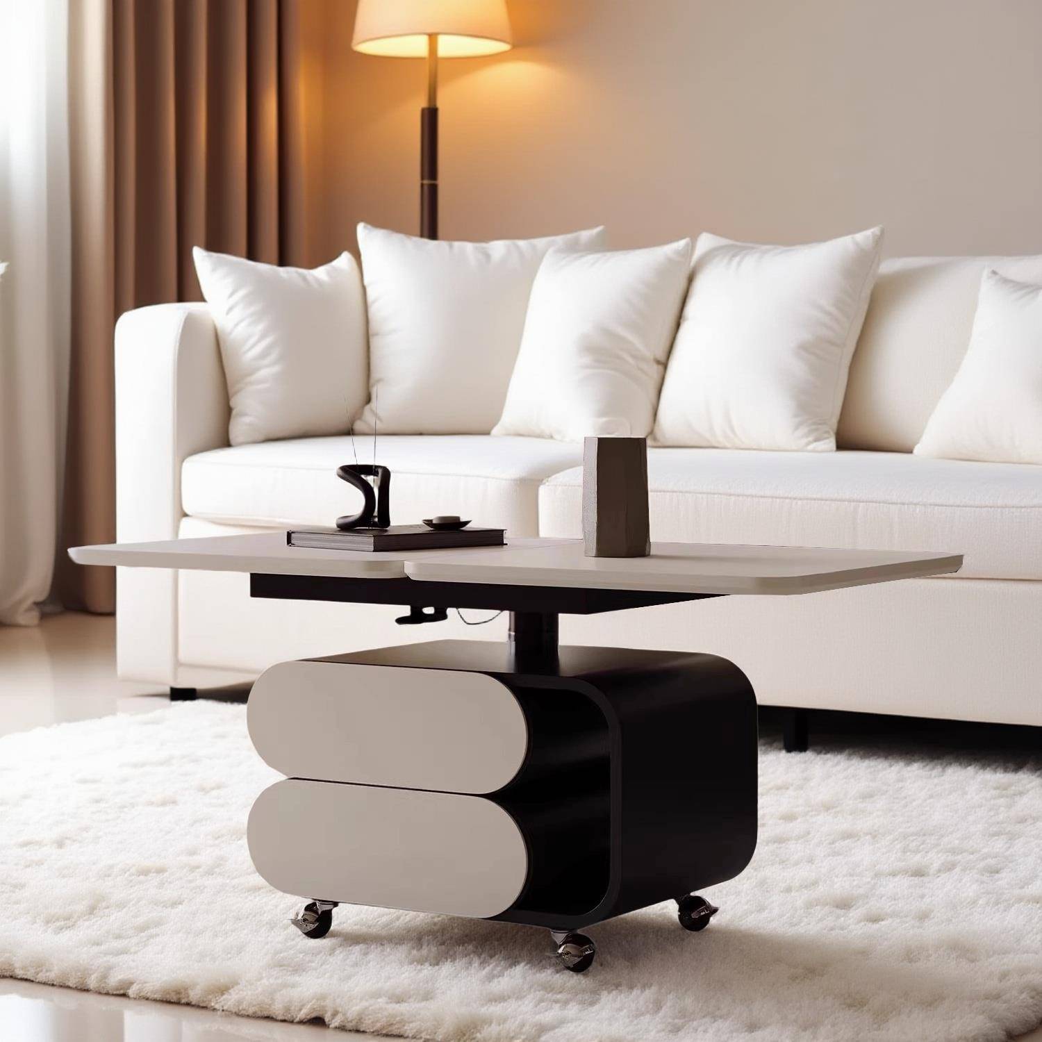 意式极简可移动茶几升降折叠旋转餐桌长方形客厅家用小推车边几究