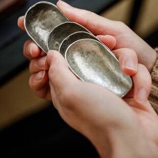 复古纯锡小迷你茶则手工不规则哑光做旧锤纹茶道配件良药局6*4.9