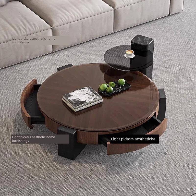 高级感客厅胡桃木色茶几现代简约小户型设计师实木圆茶几