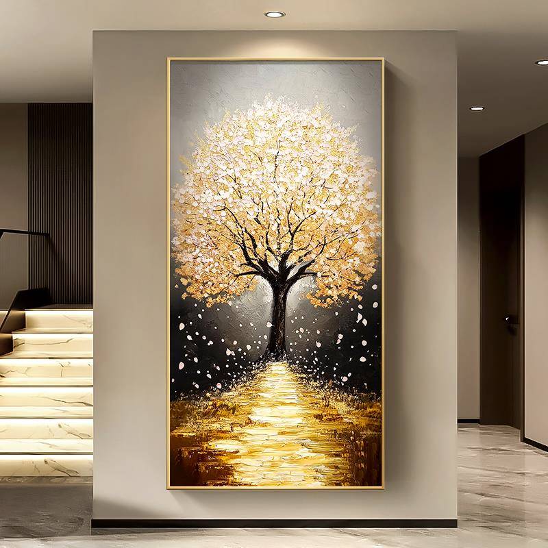 发财树玄关油画大芬村手绘立体肌理画黄金大道装饰画走廊过道挂画图片