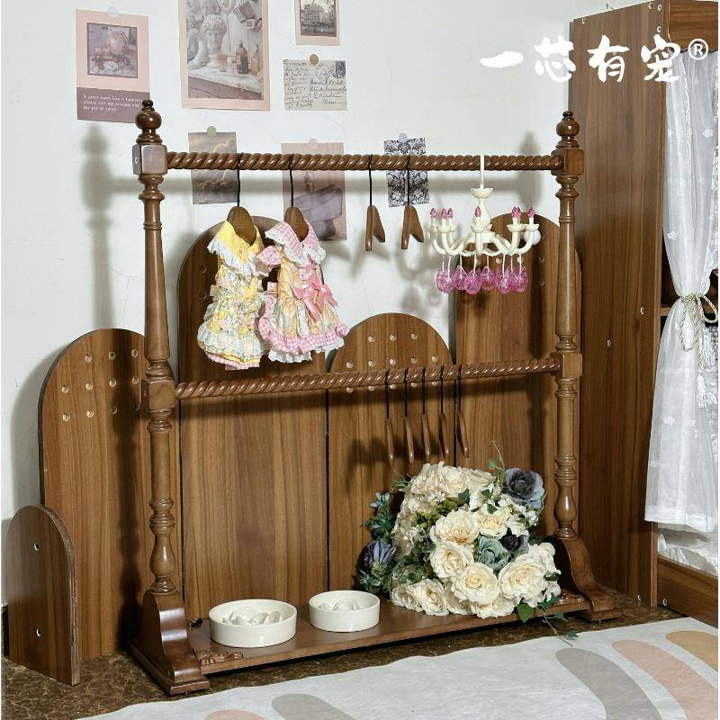 一芯有宠?美式覆古实木宠物衣架狗狗衣帽架猫咪收纳层架罗马柱衣