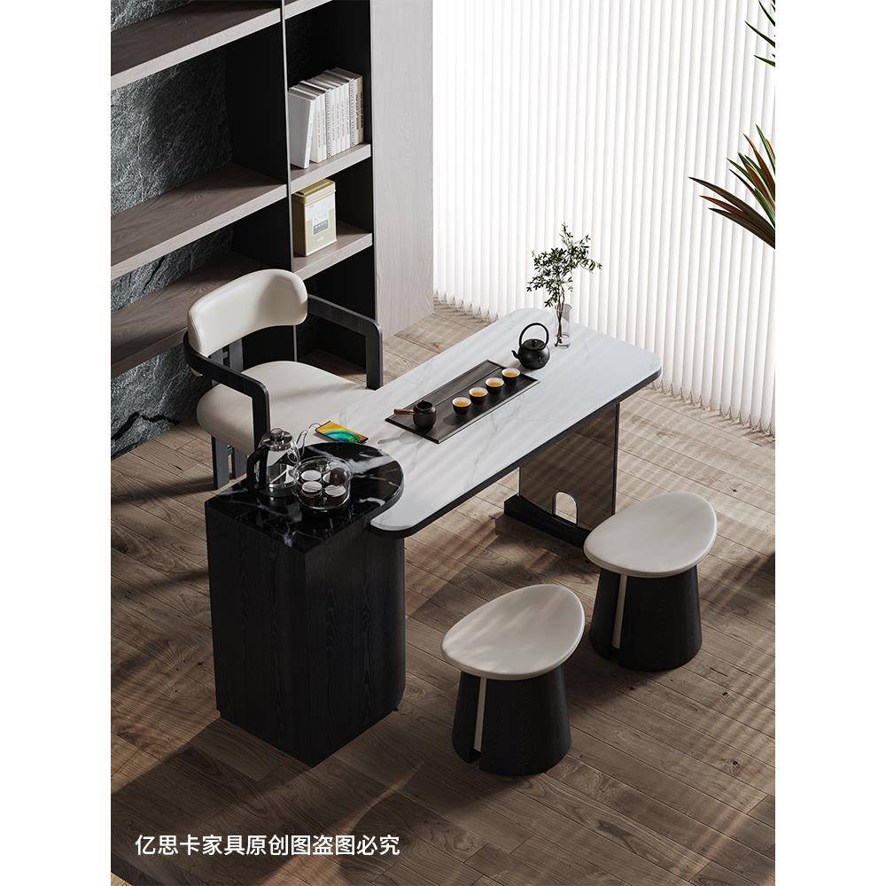 中古风大理石茶桌椅现代简约小户型阳台功夫茶台极简泡茶桌椅组合