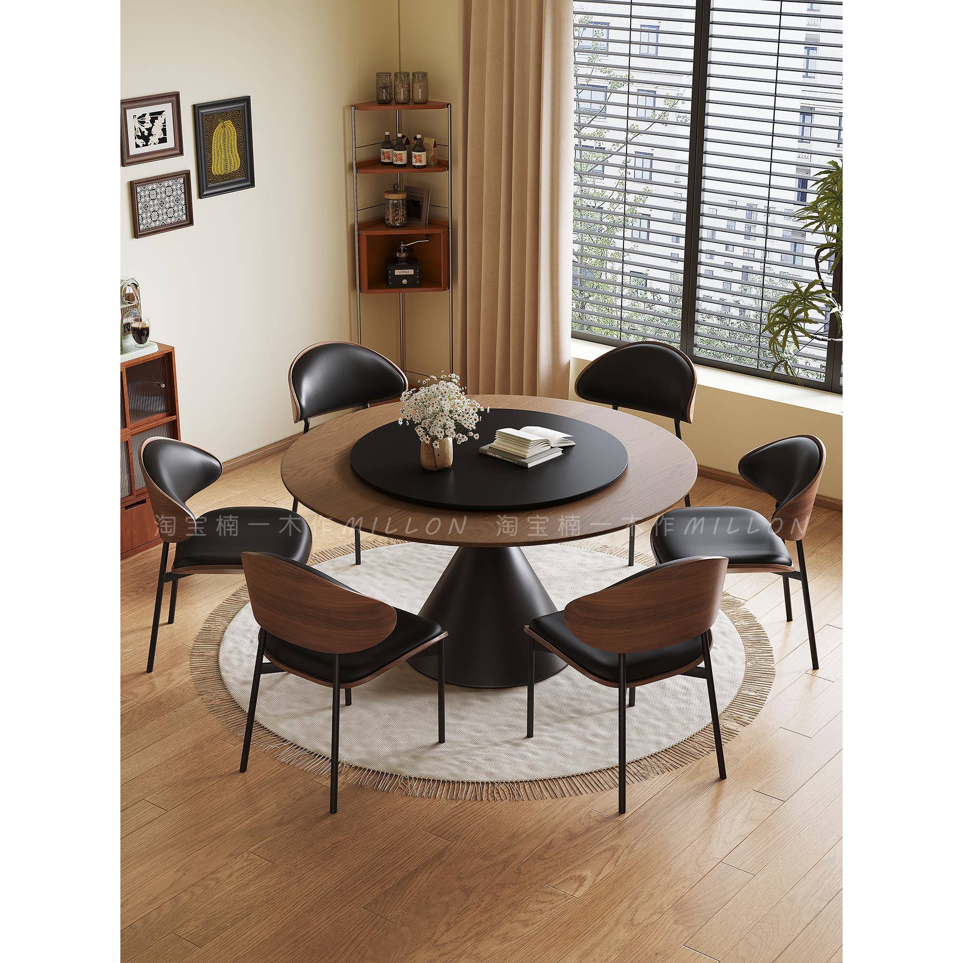 中古风实木圆桌家用小户型黑胡桃色白蜡法式覆古圆形餐桌椅组合