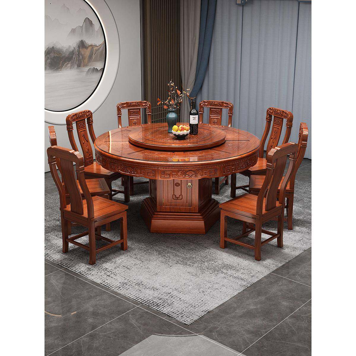 全实木餐桌圆桌花梨木红木餐桌椅组合带转盘彷古雕花家用别墅饭桌,住宅家具,实木餐桌,淘宝优惠券,粉丝福利购,淘宝优惠卷