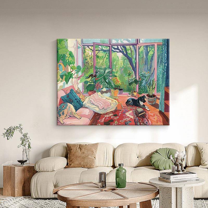 马蒂斯小众艺术纯手绘油画彩色可爱装饰画客厅挂画横幅丙烯肌理画图片