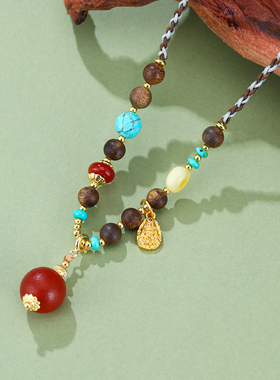 珞石复古红玛瑙檀木串珠项链女款