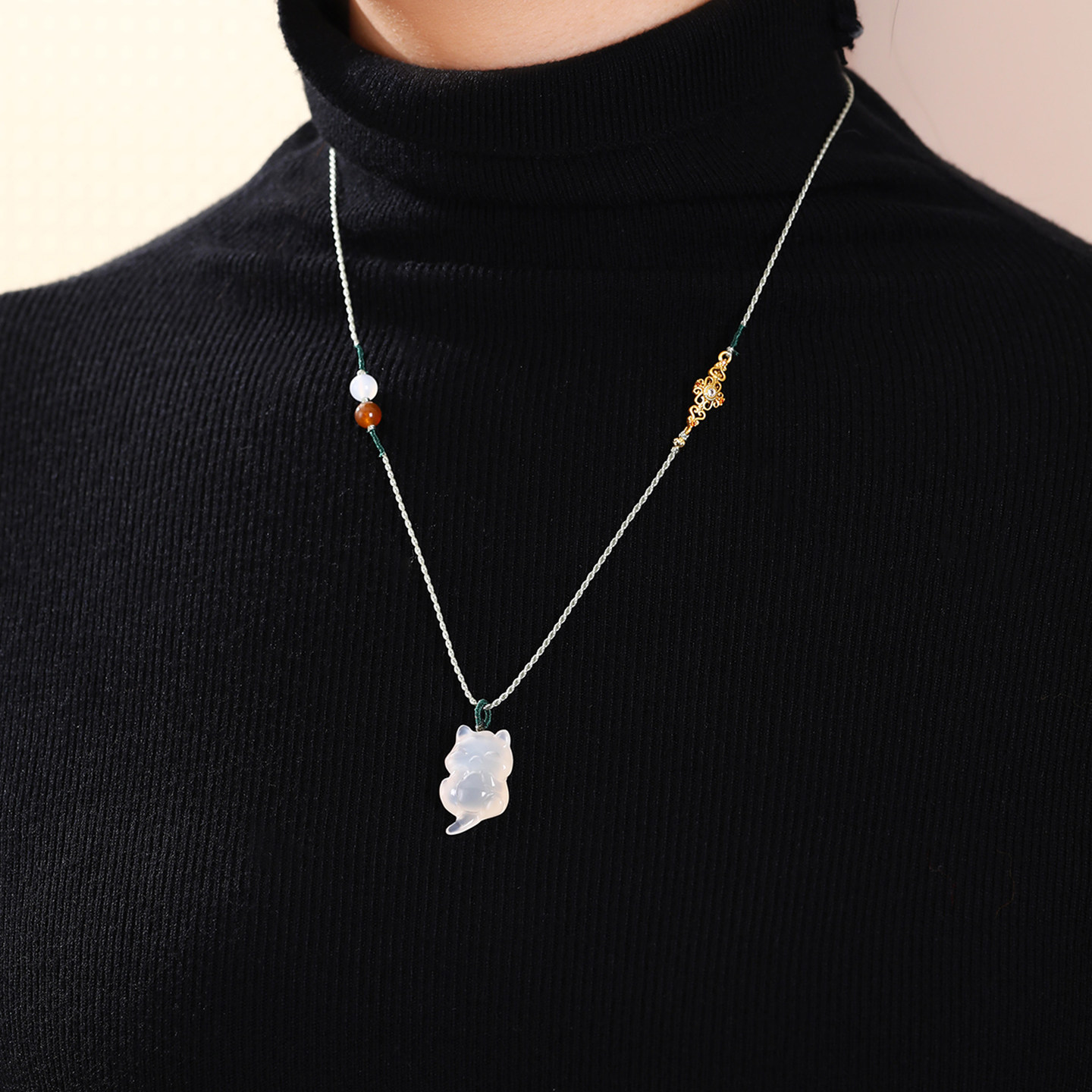 珞石天然冰种玉髓钱包仓鼠吊坠项链女可调节编绳链装饰极简风情侣