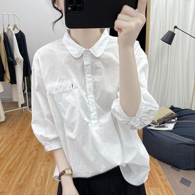 夏装法式元宝领棉灯笼中袖衬衫女减龄上衣2025新款时尚休闲衬衣