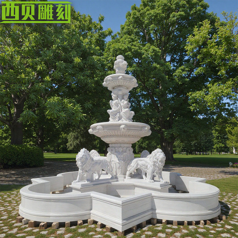 定制大尺寸大理石狮子人物喷泉雕塑别墅花园狮子头盆人物喷泉雕塑