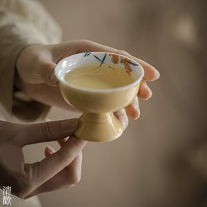 清欢丨杏黄手绘麦穗主人杯 手工薄胎陶瓷家用品茗杯 高足宽口杯