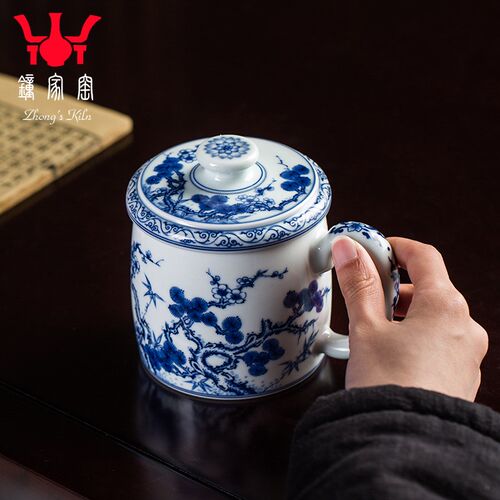 钟家窑茶杯青花柴窑手工岁寒三友高档办公泡茶杯大容量陶瓷杯带盖