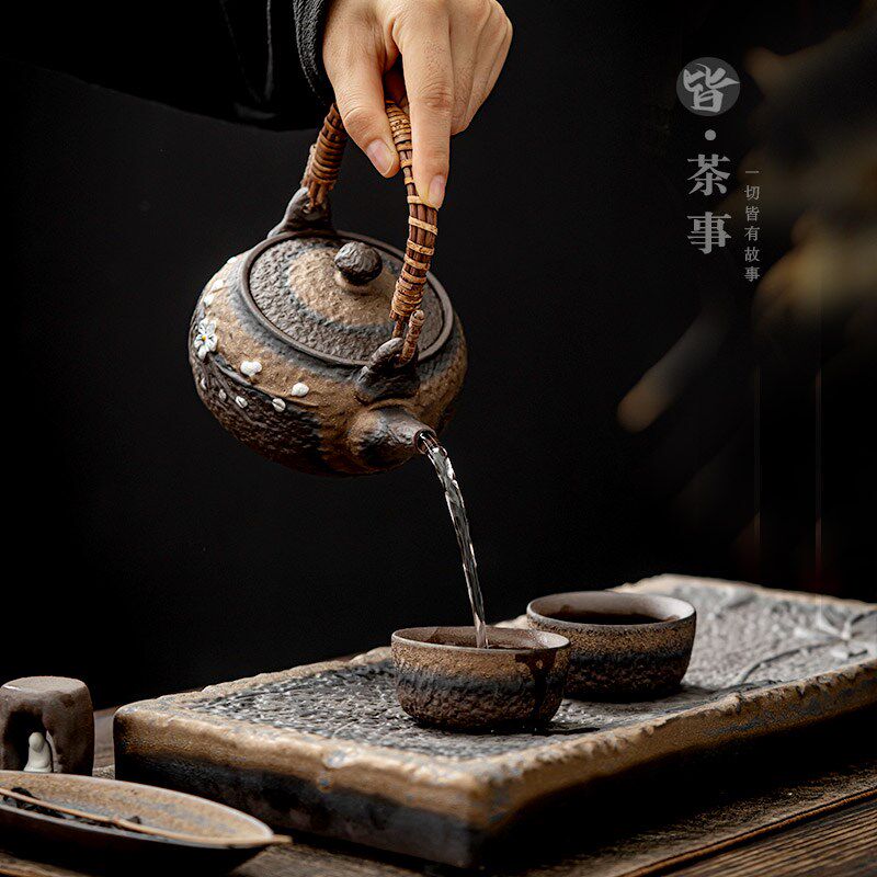 功夫茶具套装复古家用客厅陶瓷一壶两杯中式粗陶茶壶茶盘茶杯小套