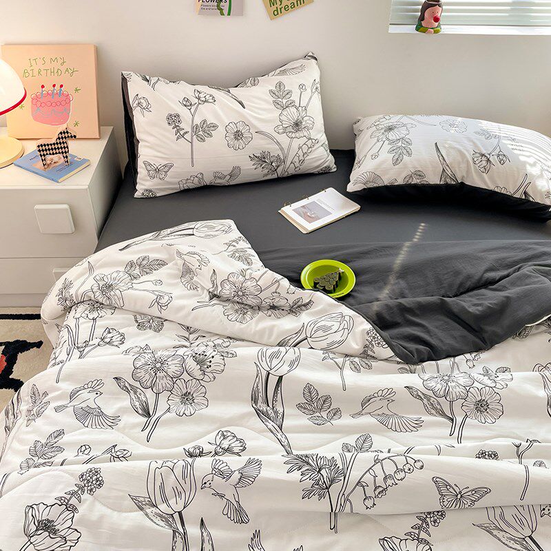 法式赫本风素描水洗棉夏凉被四件套空调被可机洗轻薄夏凉被被子芯