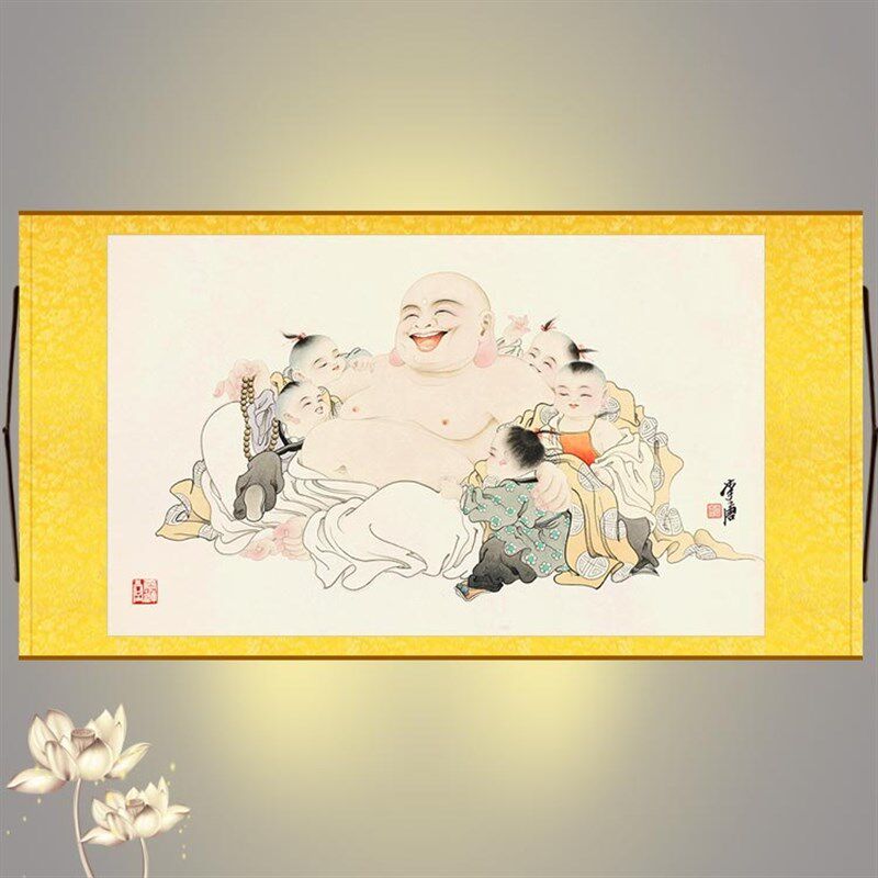 五福捧弥勒图 五子戏弥勒横幅挂画 笑口常开人物画书房客厅装饰画