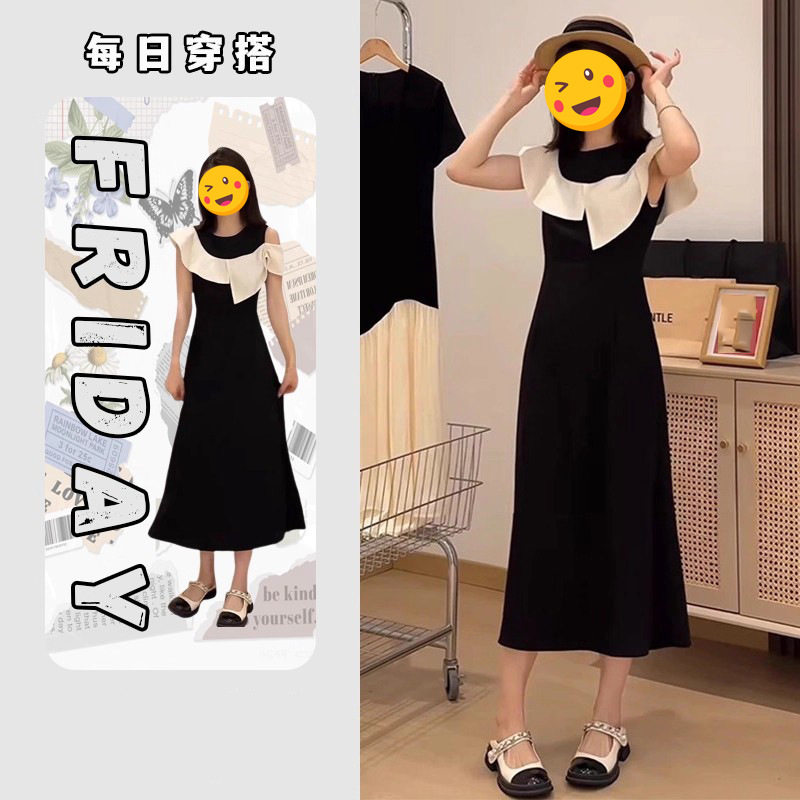 法式气质无袖荷叶边单侧露肩连衣裙女夏新款感收腰显瘦小黑裙