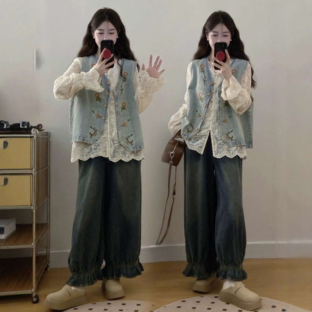 秋装搭配一整套大码胖mm衬衫马甲牛仔裤子韩系减龄叠穿套装女