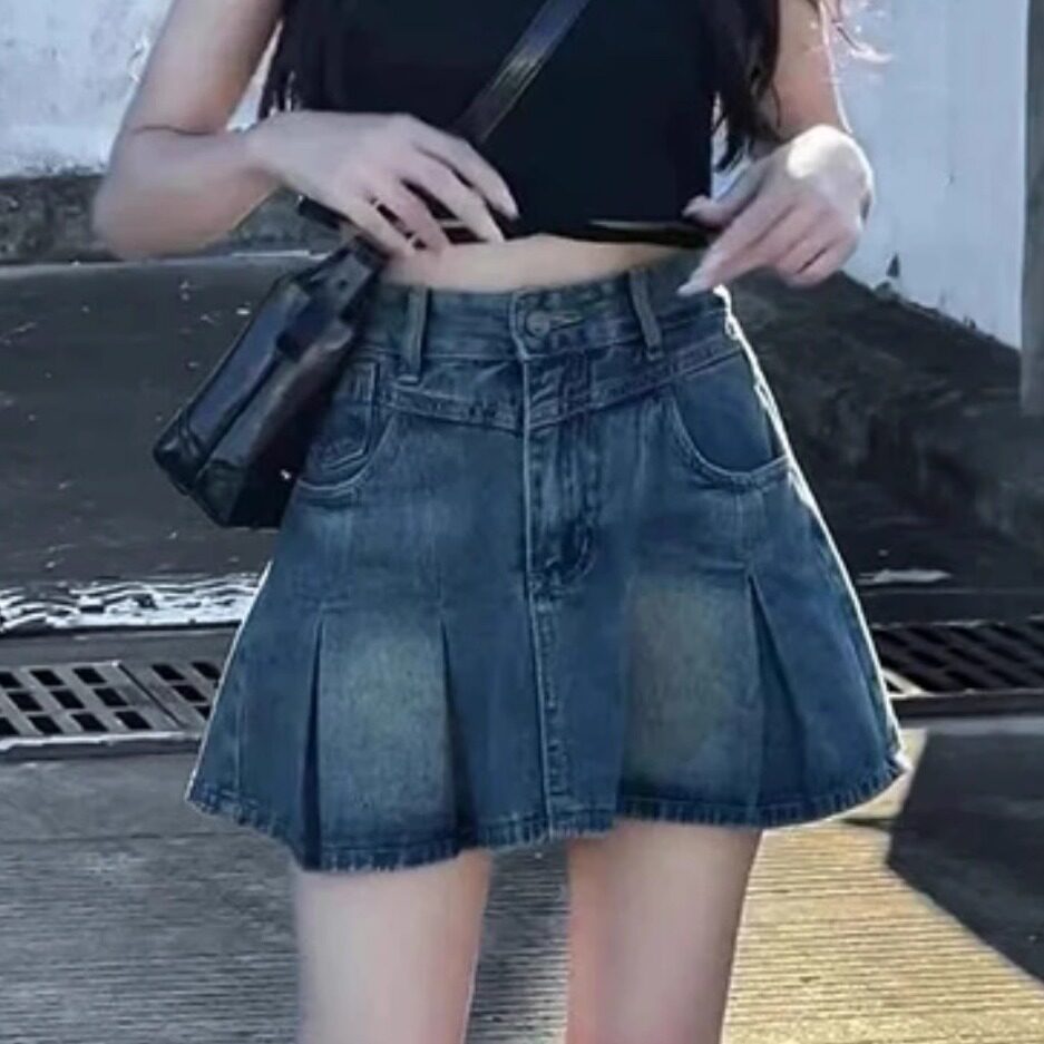复古蓝牛仔百褶短裙女春季新款高半身裙