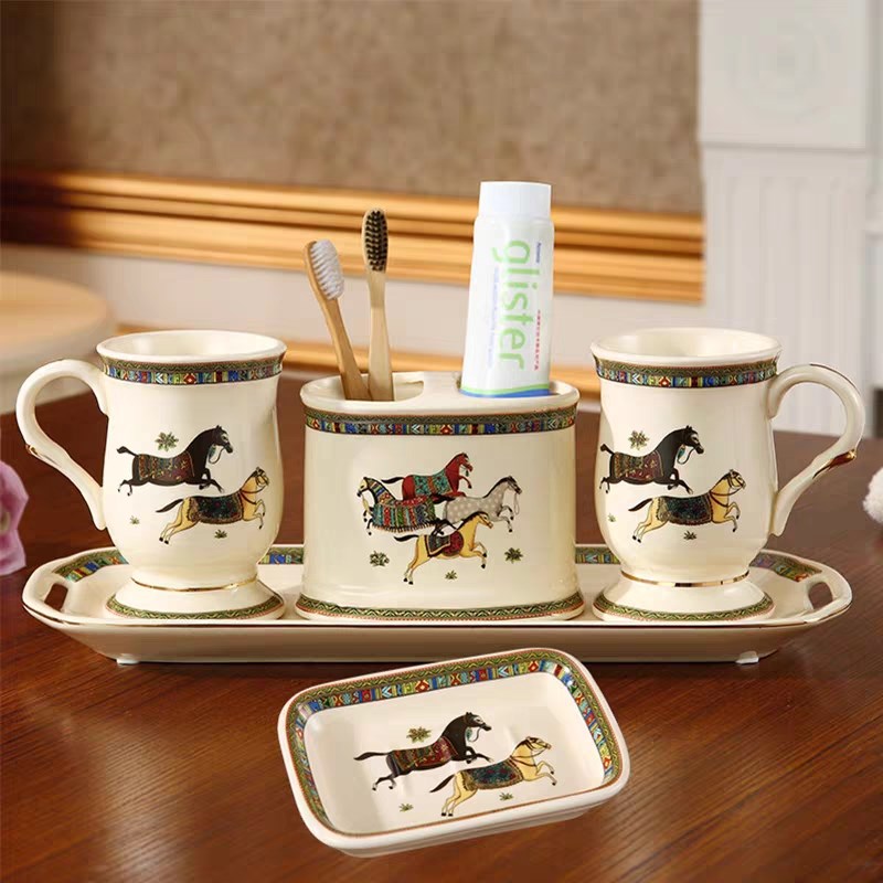 欧式陶瓷牙刷杯套装中式漱口杯家用高档牙缸洗漱杯创意牙具收纳盒