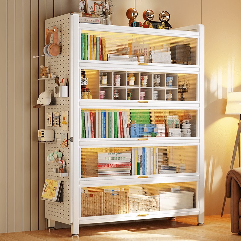 钢制书架带门防尘书柜客厅收纳储物柜铁艺置物柜奶油风家用展示柜