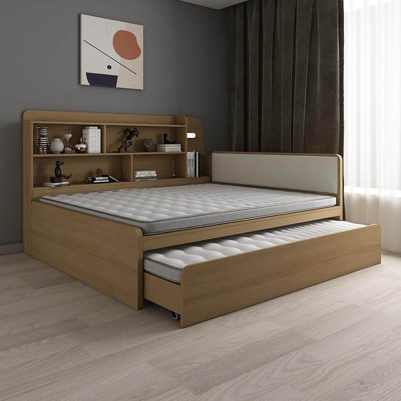 榻榻米儿童房实木书架一体靠墙一米二单人子母拖拉高箱储物板式床