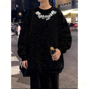 慵懒风新款黑色印花秋冬季男士中长款潮流满天星亮片长袖卫衣上衣