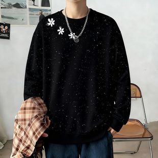 中长款字母印花黑色圆领卫衣男宽松加绒满天星小众设计感百搭上衣