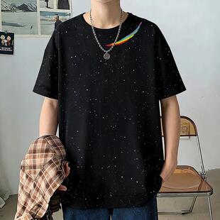 夏日纯棉港味短袖T恤男韩版宽松ins满天星高街黑色学生情侣上衣服