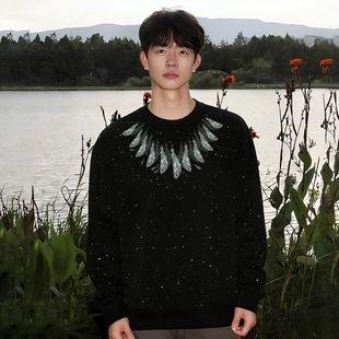 黑色圆领新款秋冬季小众卫衣男生港风满天星设计百搭亮片加绒上衣