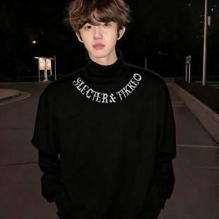 新款帅气韩版中长款秋冬男生半高领德绒打底长袖T恤黑色印花上衣